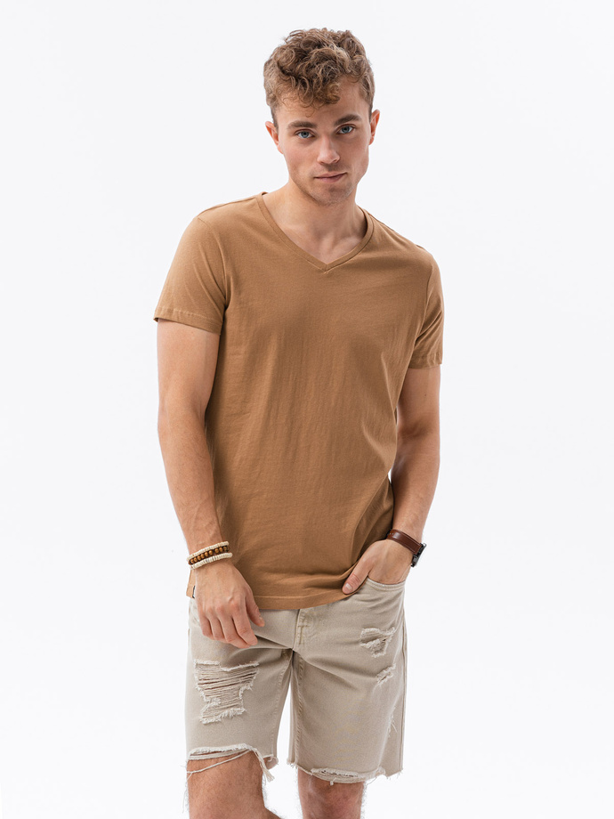 Brown v neck t shirt mens outlet