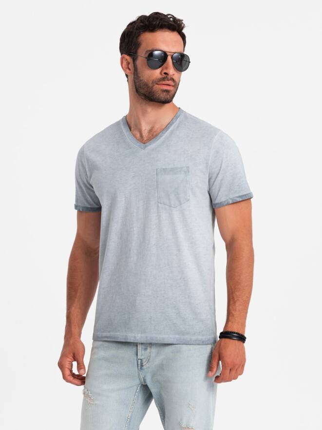 Men's brindle V-neck T-shirt with pocket - grey V8 OM-TSCT-22SS-002