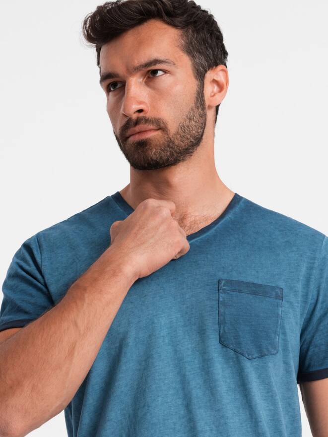 Men's brindle V-neck T-shirt with pocket - navy blue V7 OM-TSCT-22SS-002