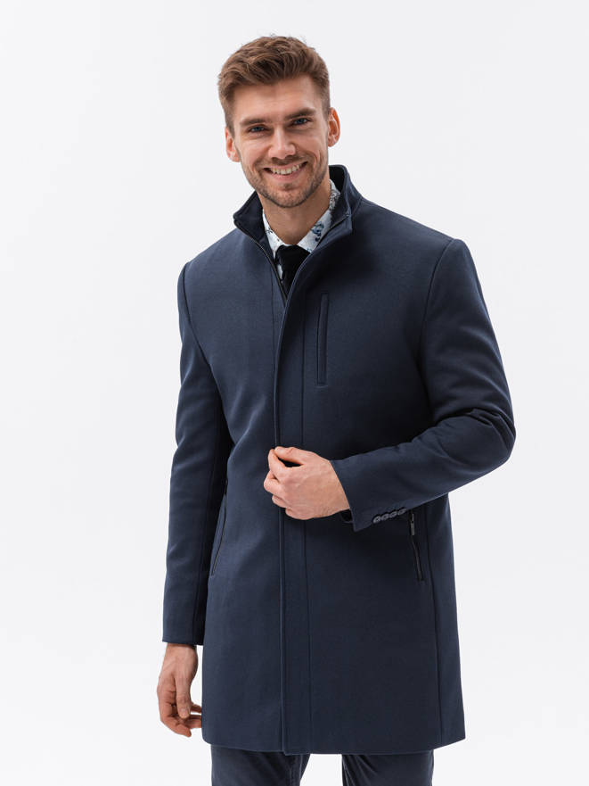 Men's coat with stand-up collar and quilted lining - navy blue V2 OM-COWC-0103