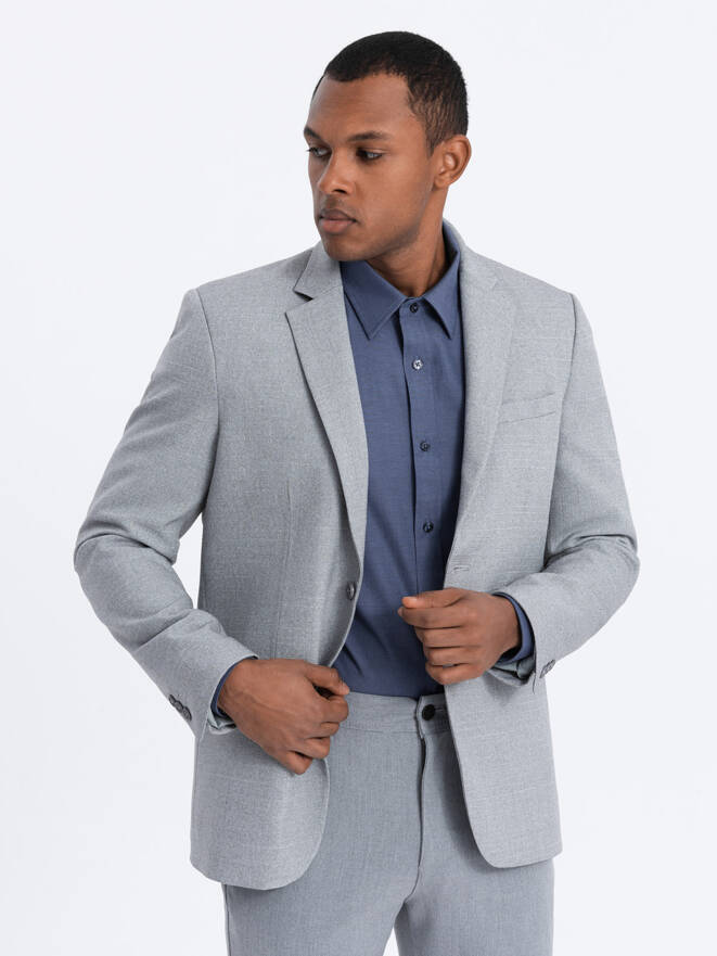 Men's elegant blazer with decorative buttons on cuffs - grey V2 OM-BLZB-0114