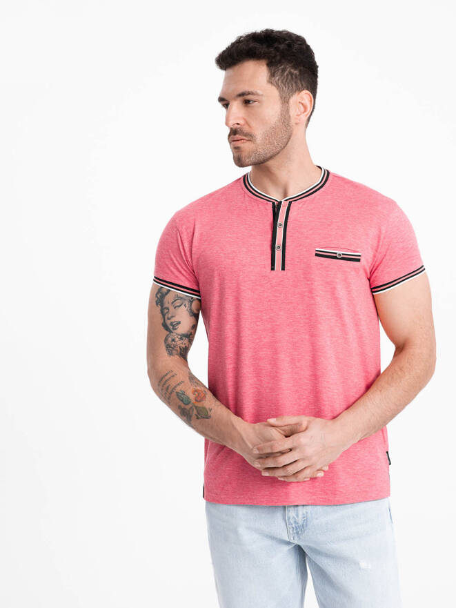 Men's henley t-shirt with decorative ribbing - red V1 OM-TSCT-0175