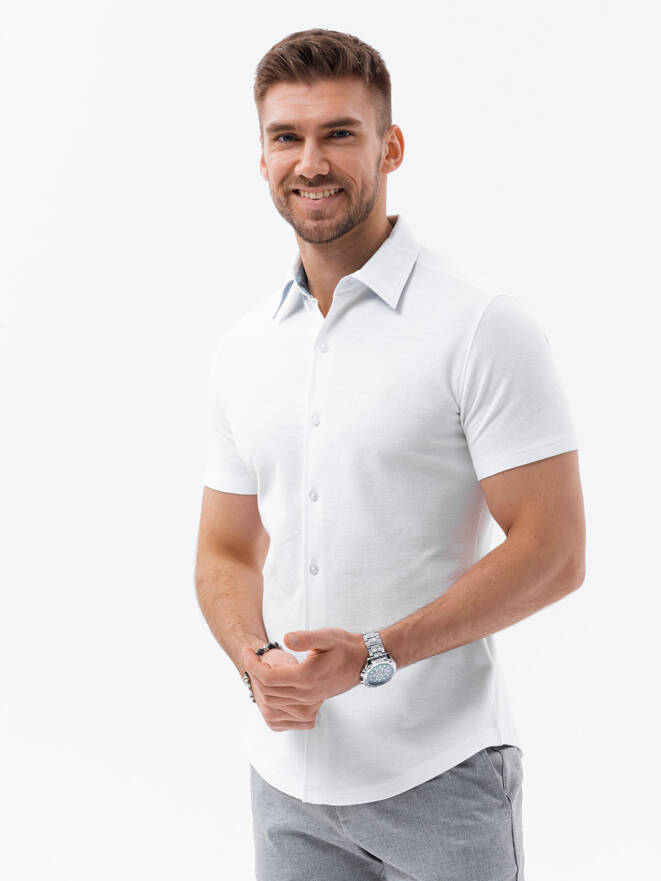 Men's knitted slim fit shirt with short sleeves and collar - white V1 OM-SHSS-0100