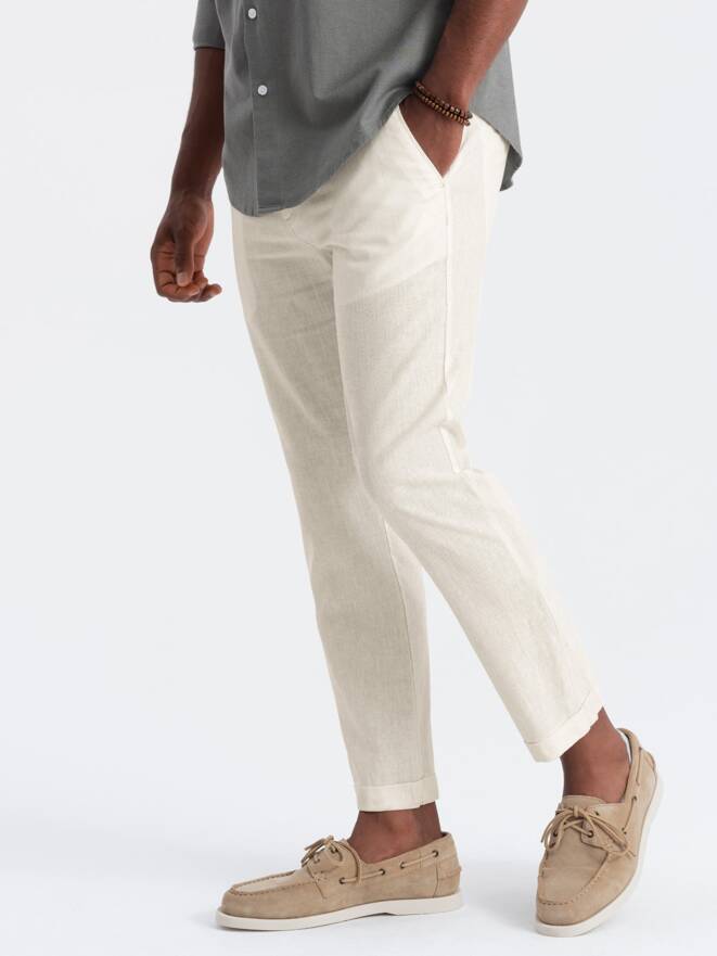 Men's linen blend roll-up chino pants - cream V2 OM-PACP-0198