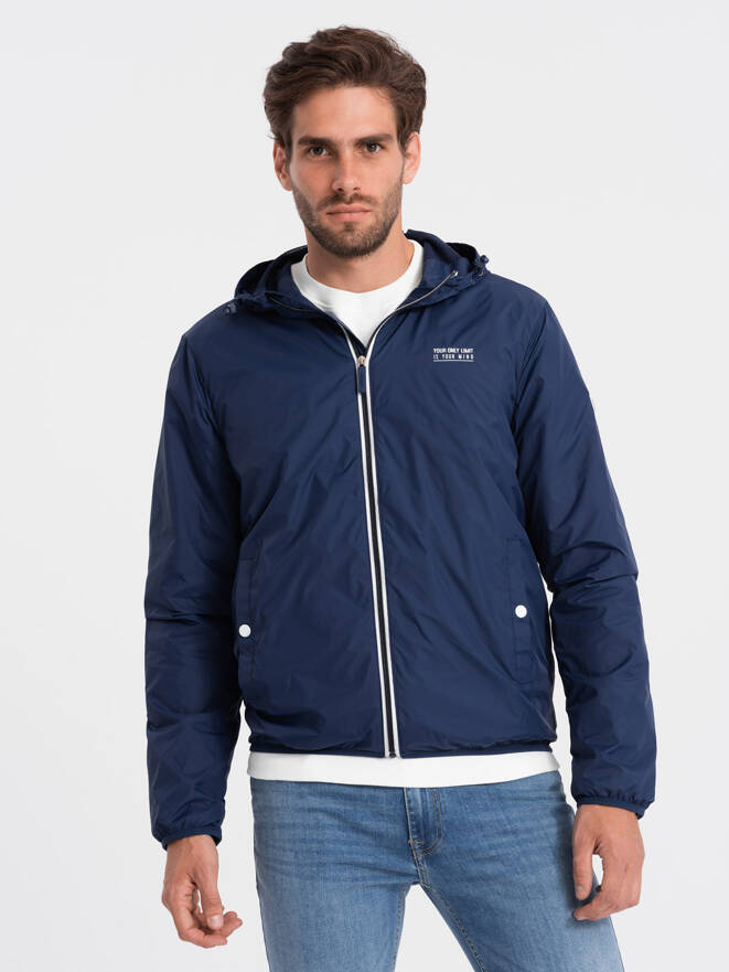Men's windbreaker jacket with hood and contrasting details - navy blue V6 OM-JANP-0110