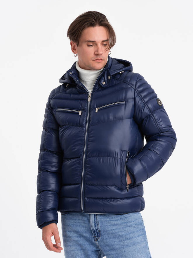 Men's winter quilted jacket with decorative zippers - dark blue V2 OM-JAHP-22FW-010