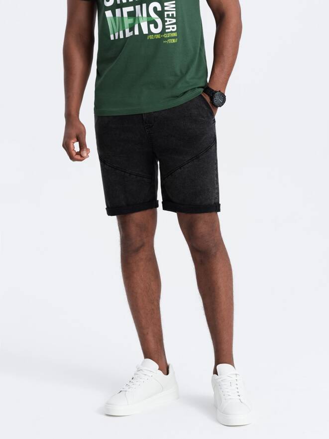 Turn-up men's denim short shorts with stitching - black V2 OM-SRDS-0101