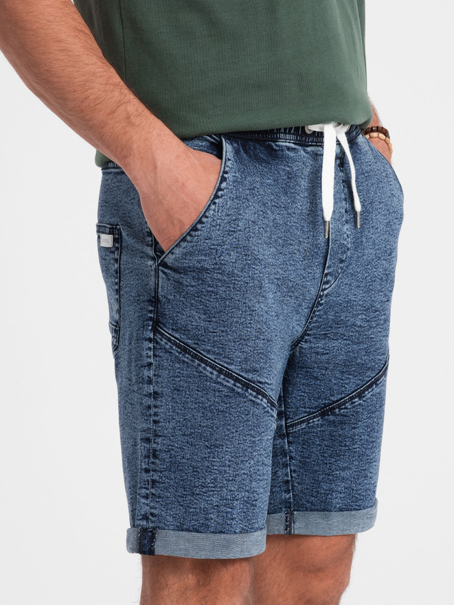 Turn-up men's short denim shorts with stitching - dark blue V3 OM-SRDS-0101