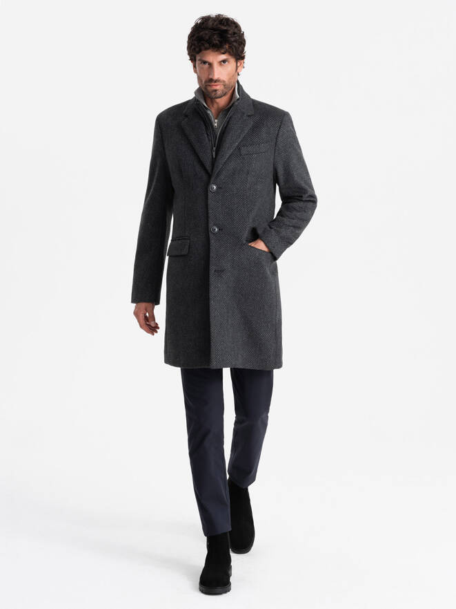 Unbuttoned men's wool blend coat - graphite V2 OM-COWC-0121