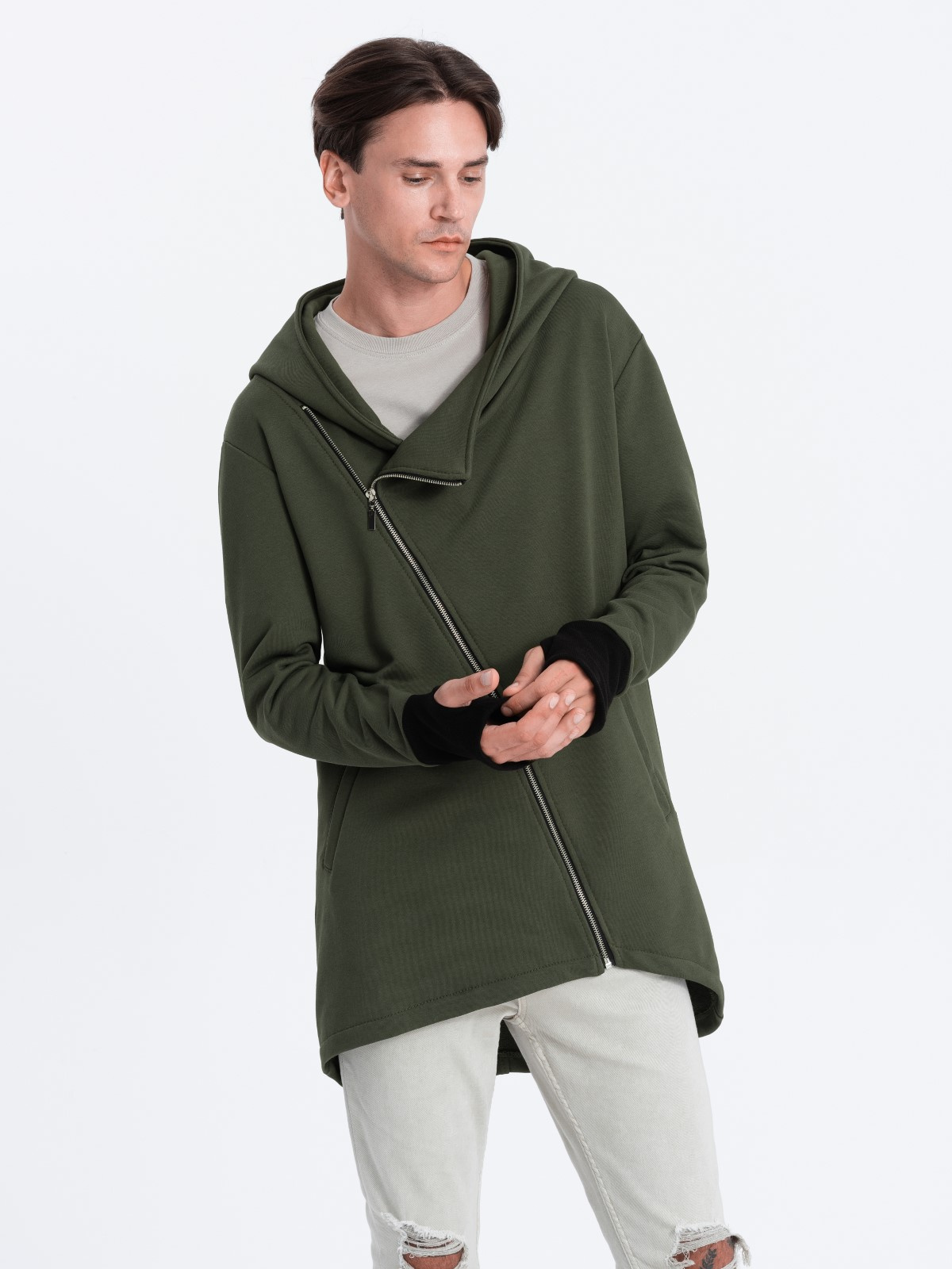 Asymmetrical men s sweatshirt with a spacious hood NANTES dark olive green B1368 Ombre Men s clothing online