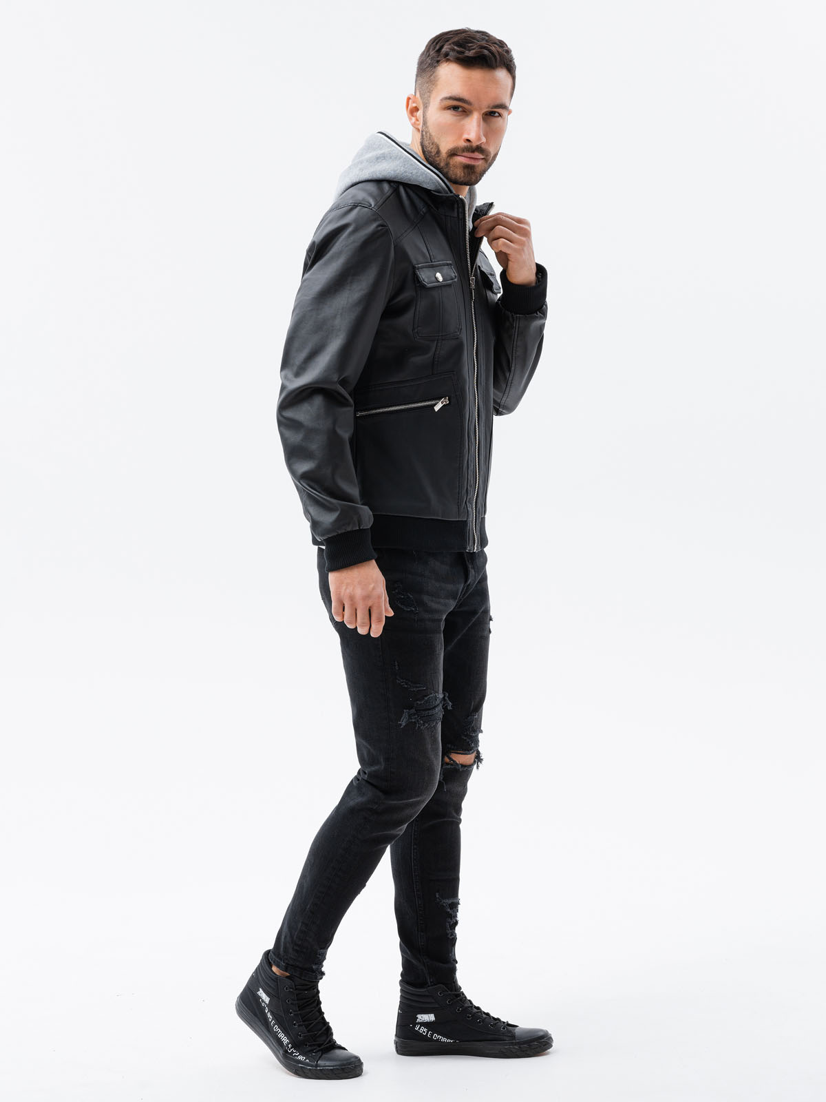 Men's biker jacket with hoodie black C415 Men's