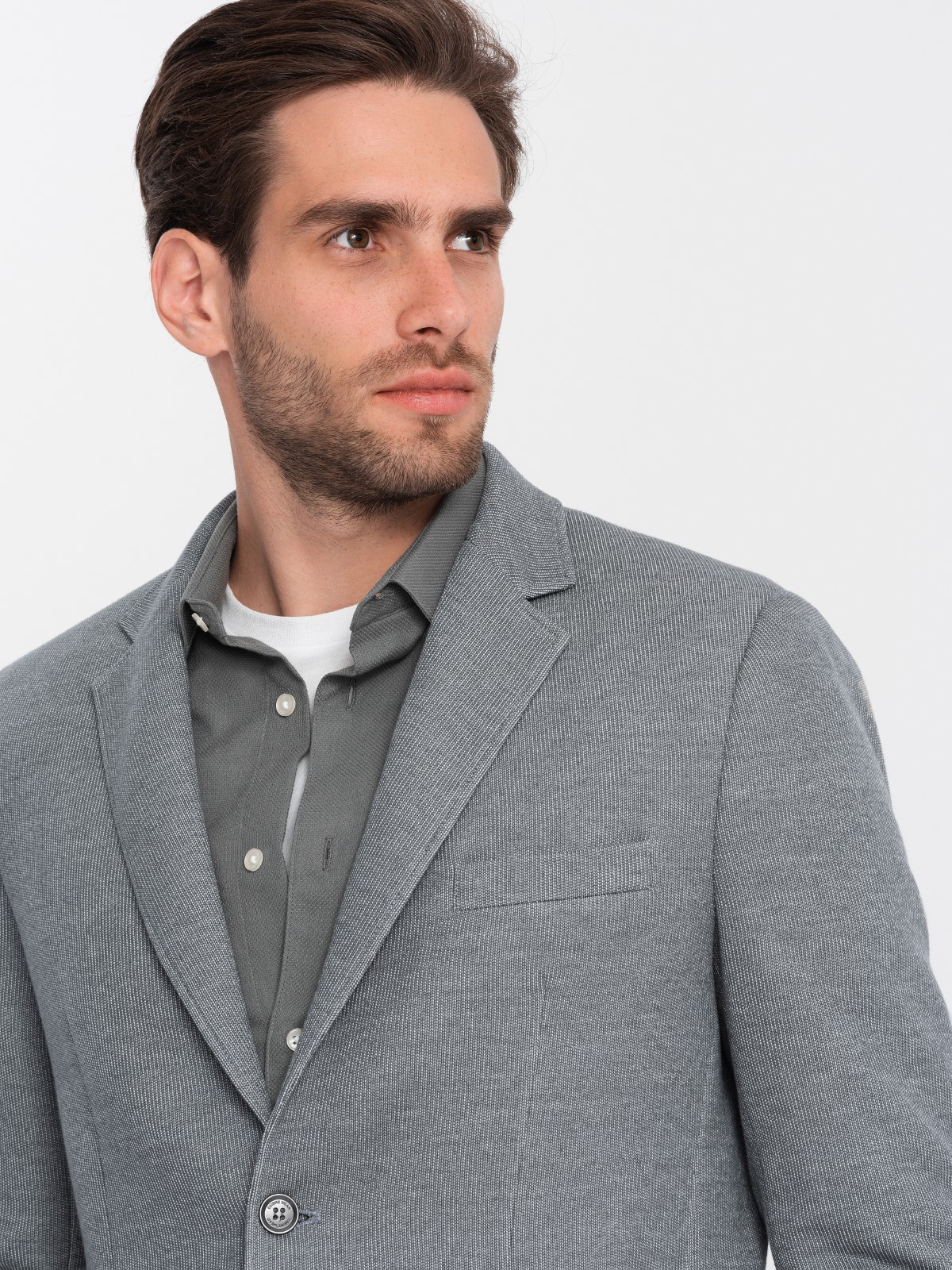 Men's blazer with elbow patches light grey V1 OMBLZB0108 Ombre