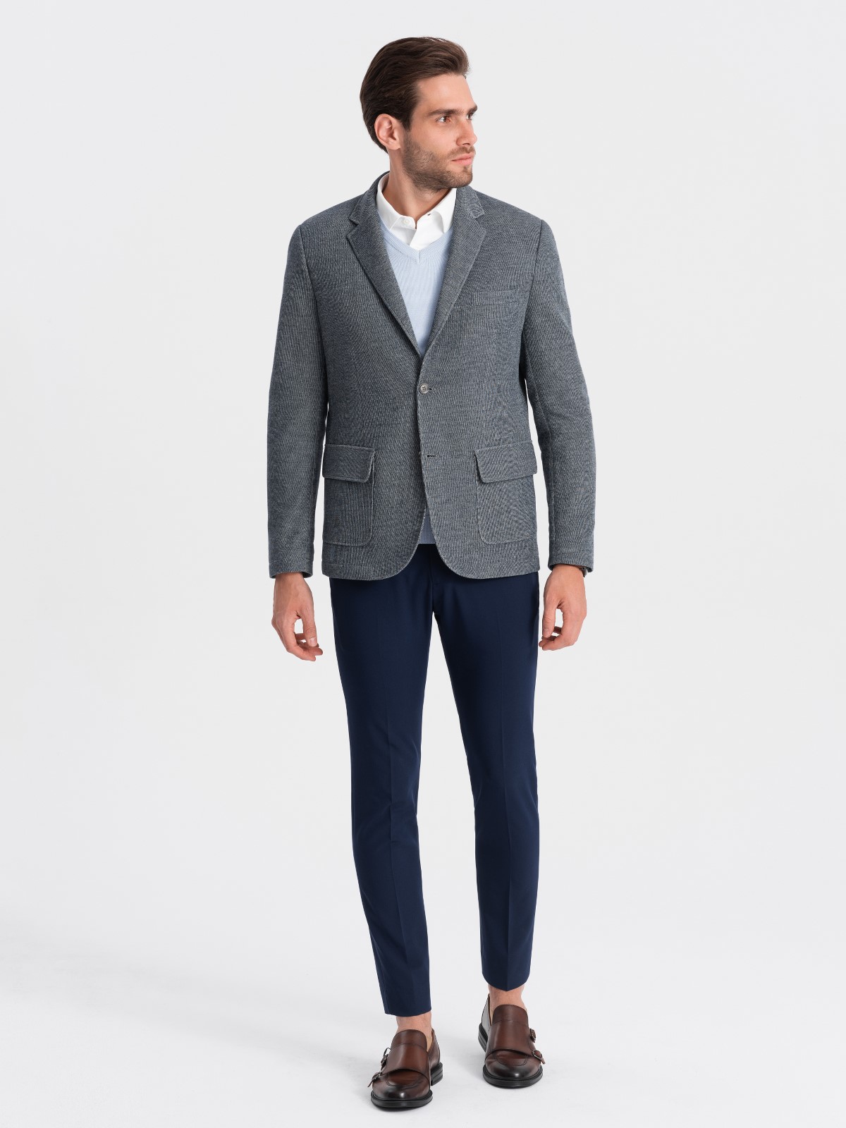 Men's blazer with elbow patches - navy blue V2 OM-BLZB-0108 | Ombre.com ...