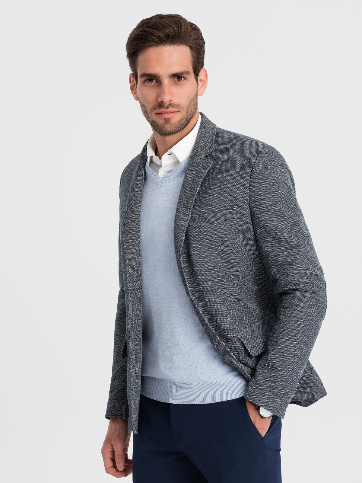 Grey blazer shop with elbow patches