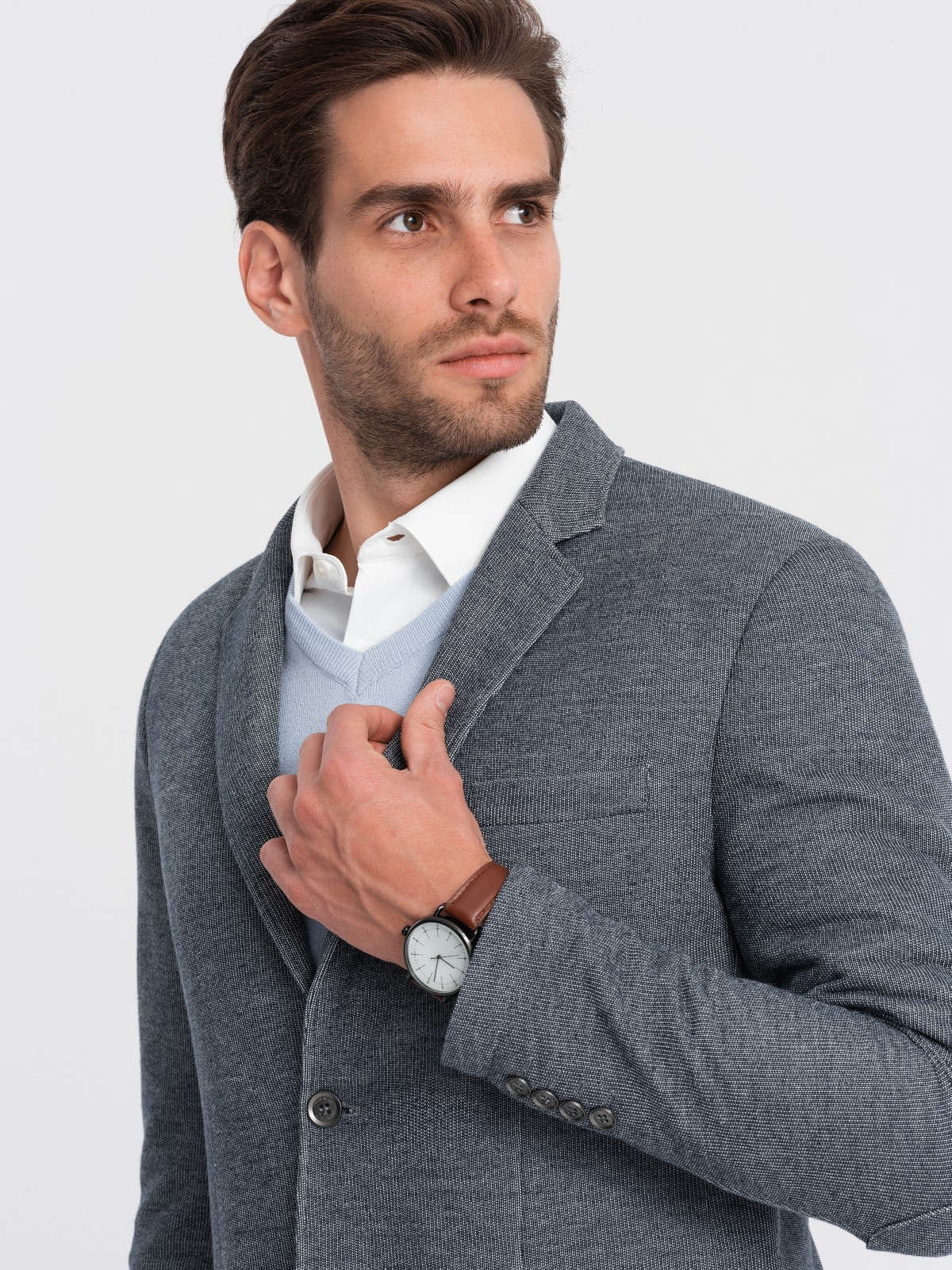 Men's blazer with elbow patches navy blue V2 OMBLZB0108