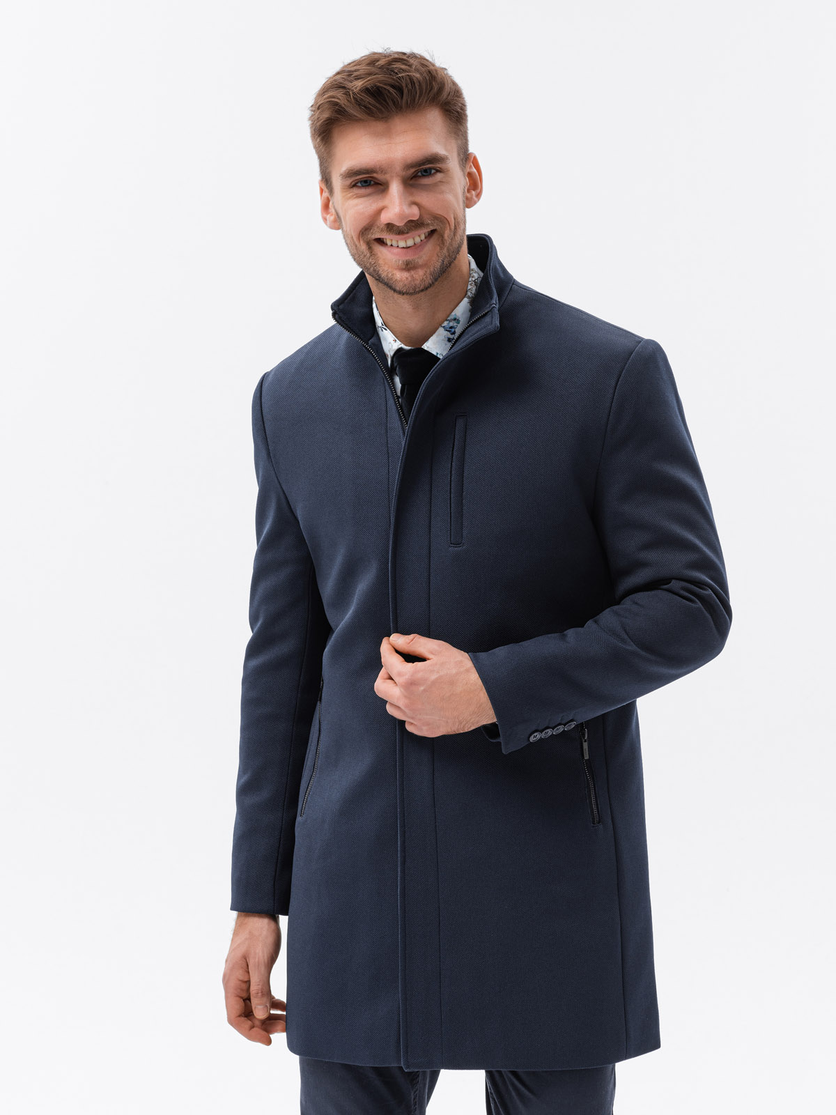 Men's coat with stand-up collar and quilted lining - navy blue V2