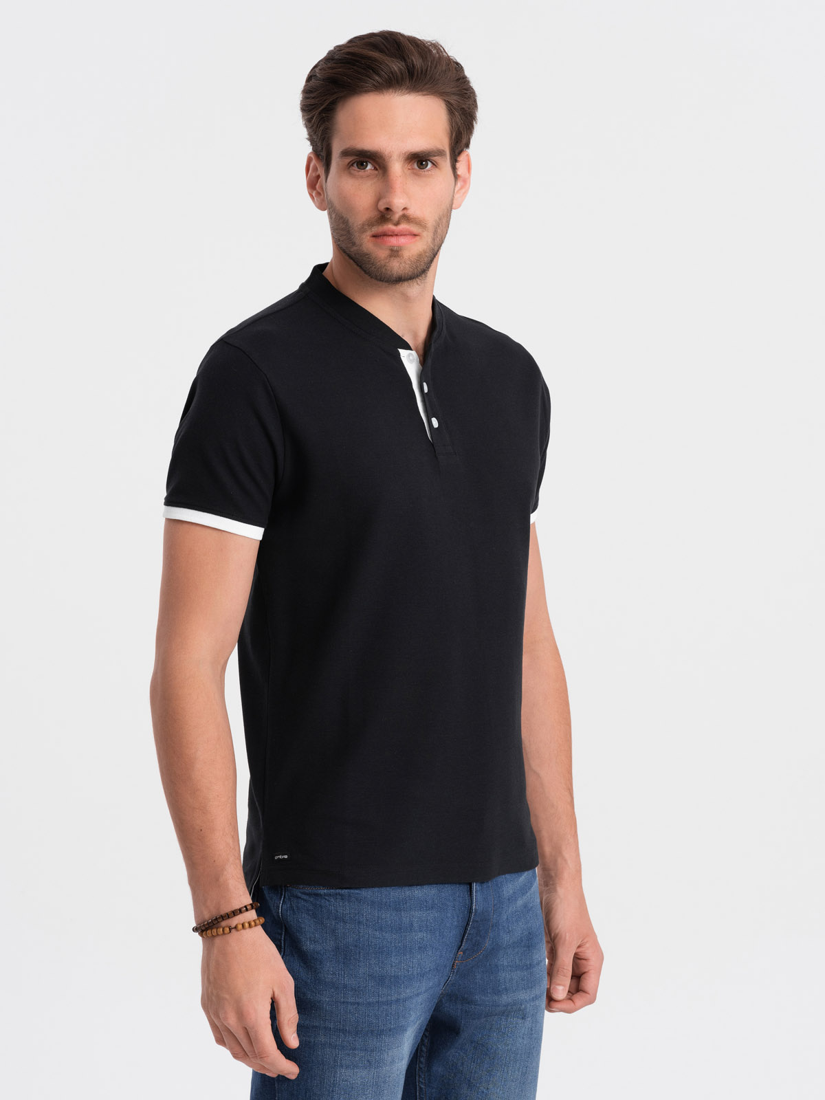 Black collarless shop polo shirt