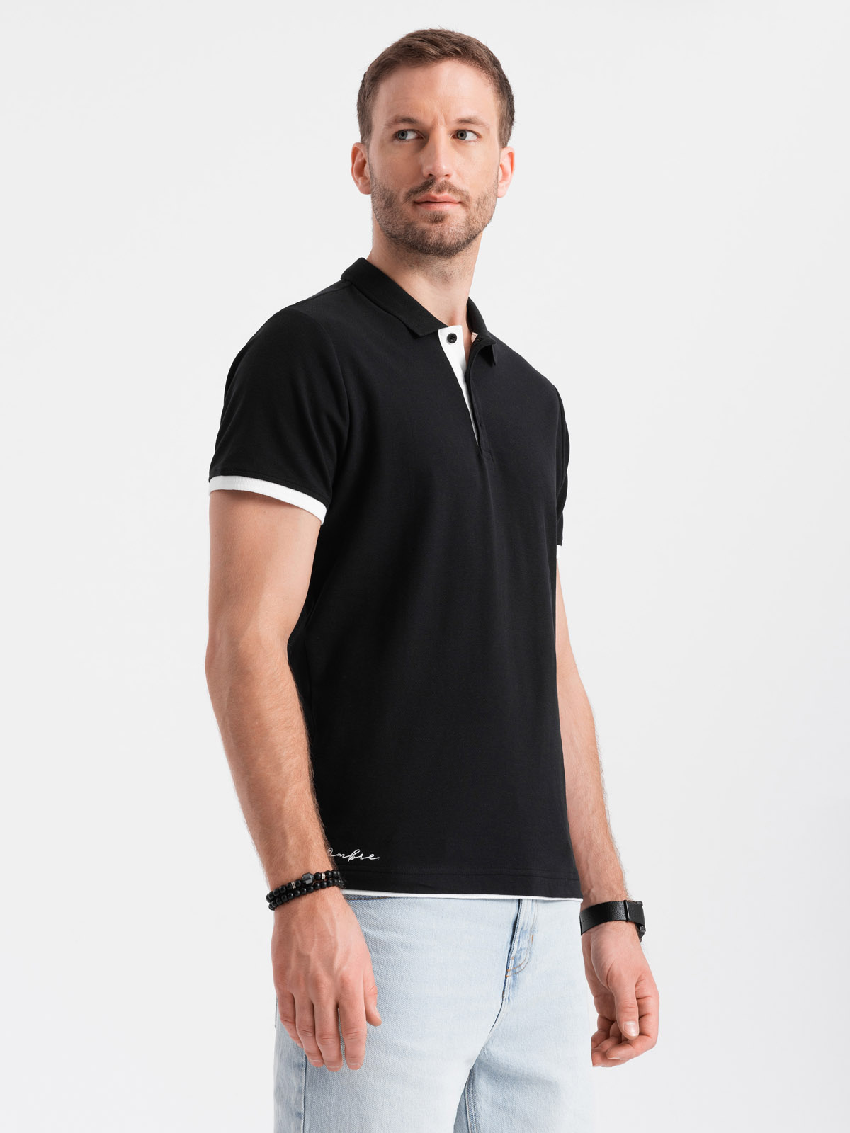 Black polo shirt with white trim best sale