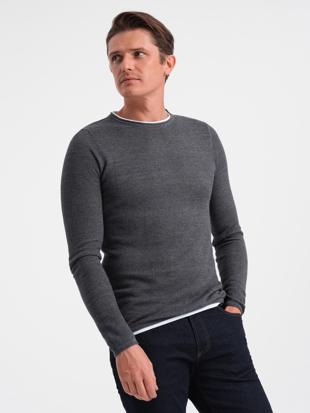 Men's cotton sweater with round neckline - graphite melange V2 OM