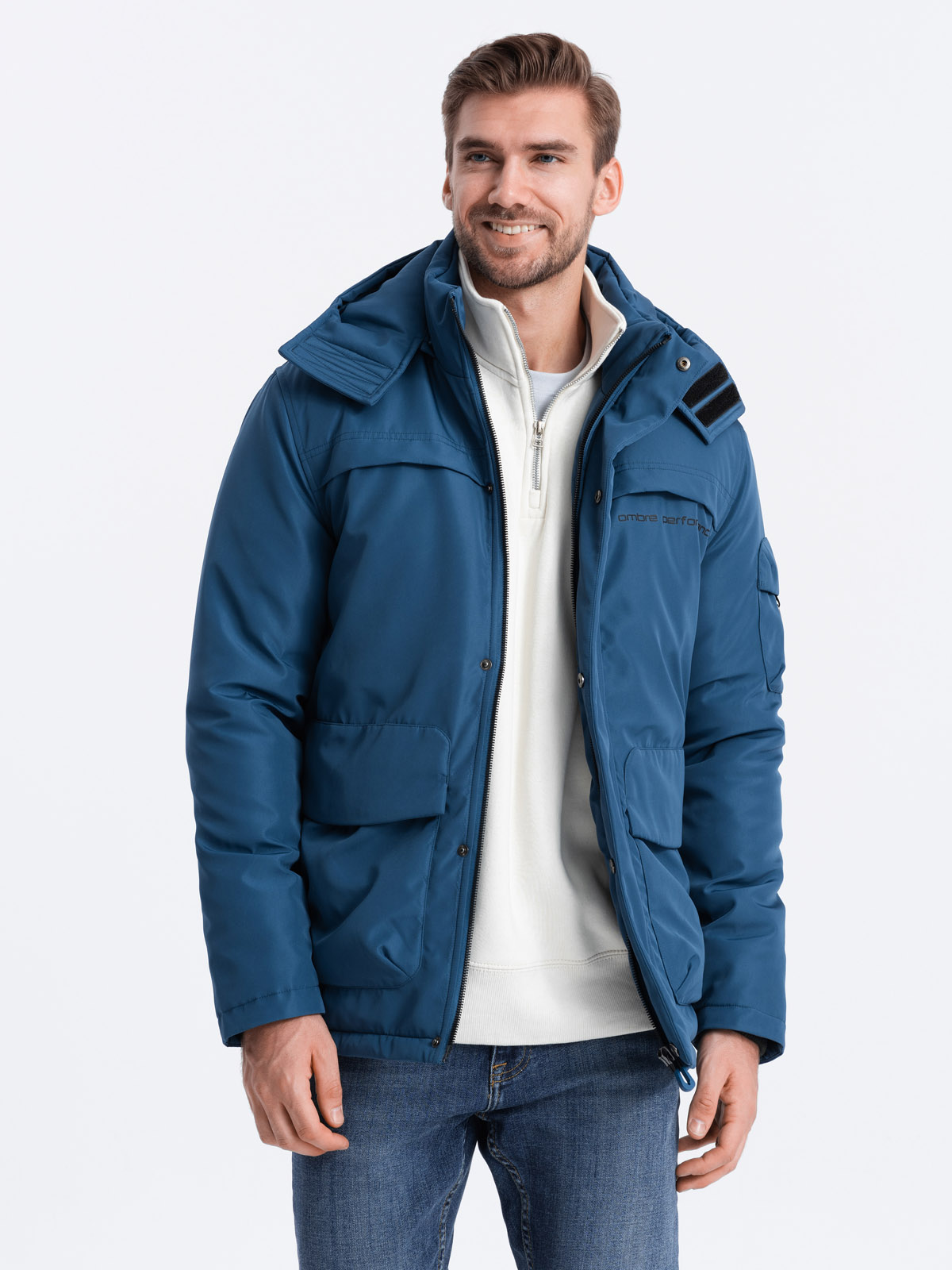 Men's insulated jacket with hood - dark blue V4 OM-JAHP-0128 | Ombre ...