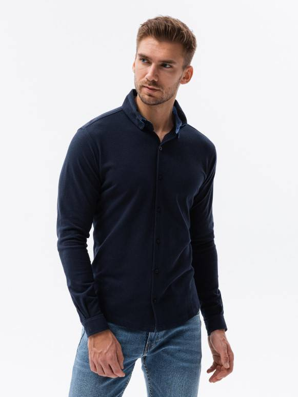 Mens Long Sleeve Knit Shirt Navy Blue V2 K540 Mens