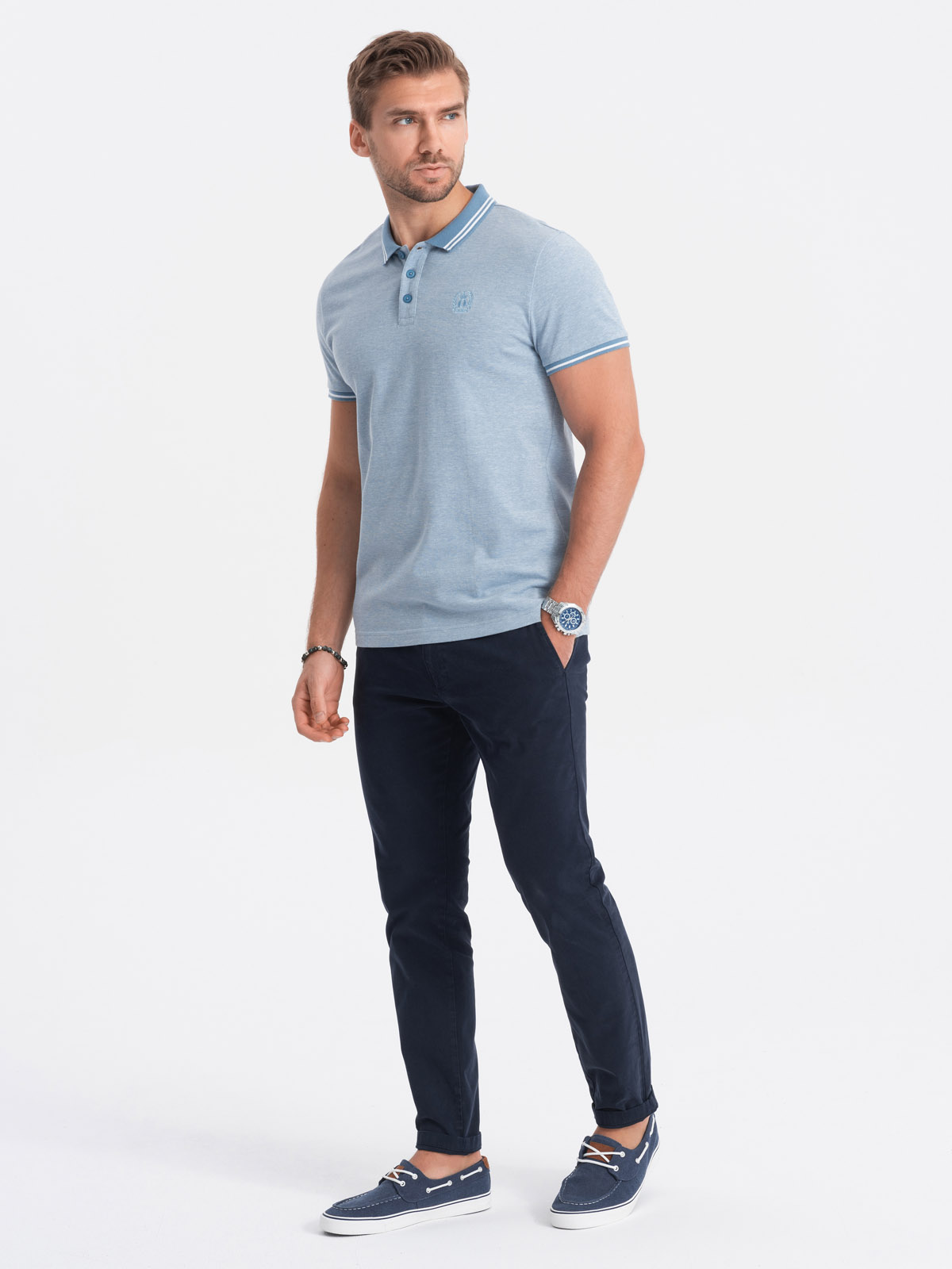 Men's melange polo shirt with contrast collar - blue V3 S1618