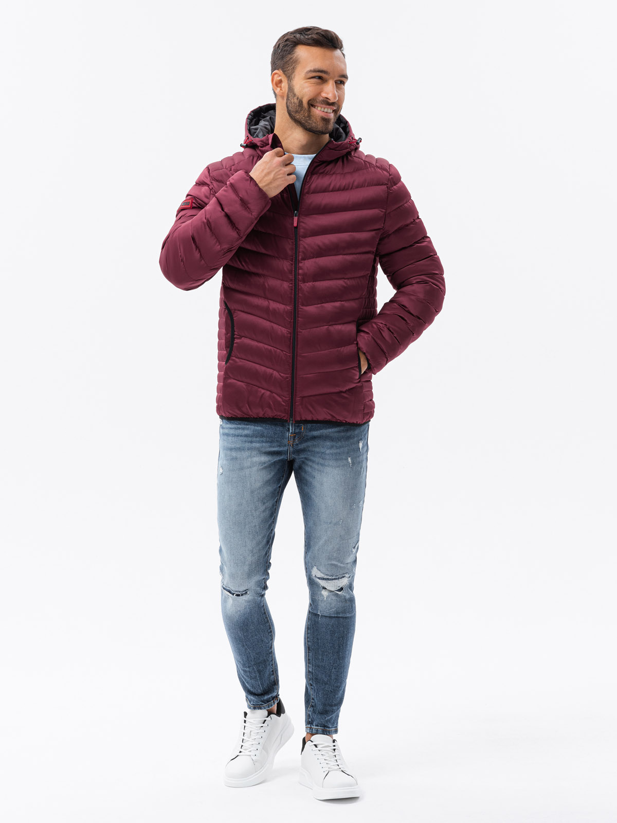 dark red quilted jacket