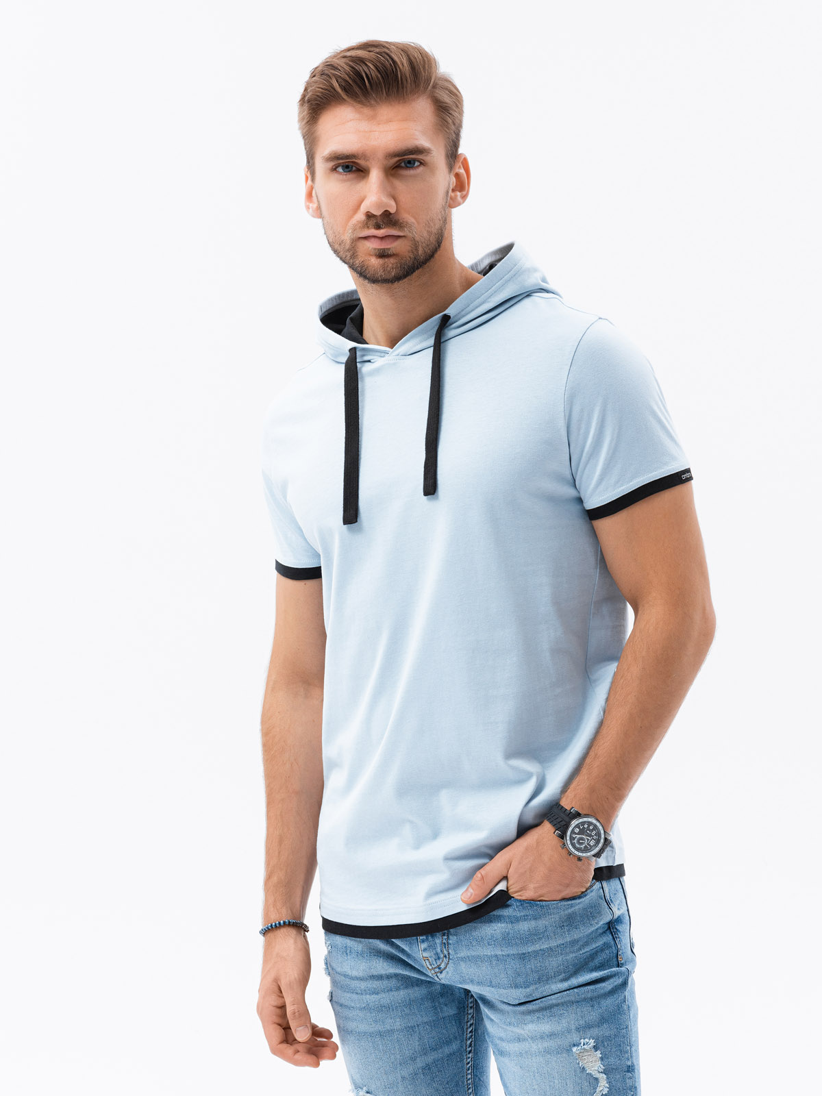 Men\'s plain hooded t-shirt - clothing light blue S1376 - online | Men\'s Ombre.com