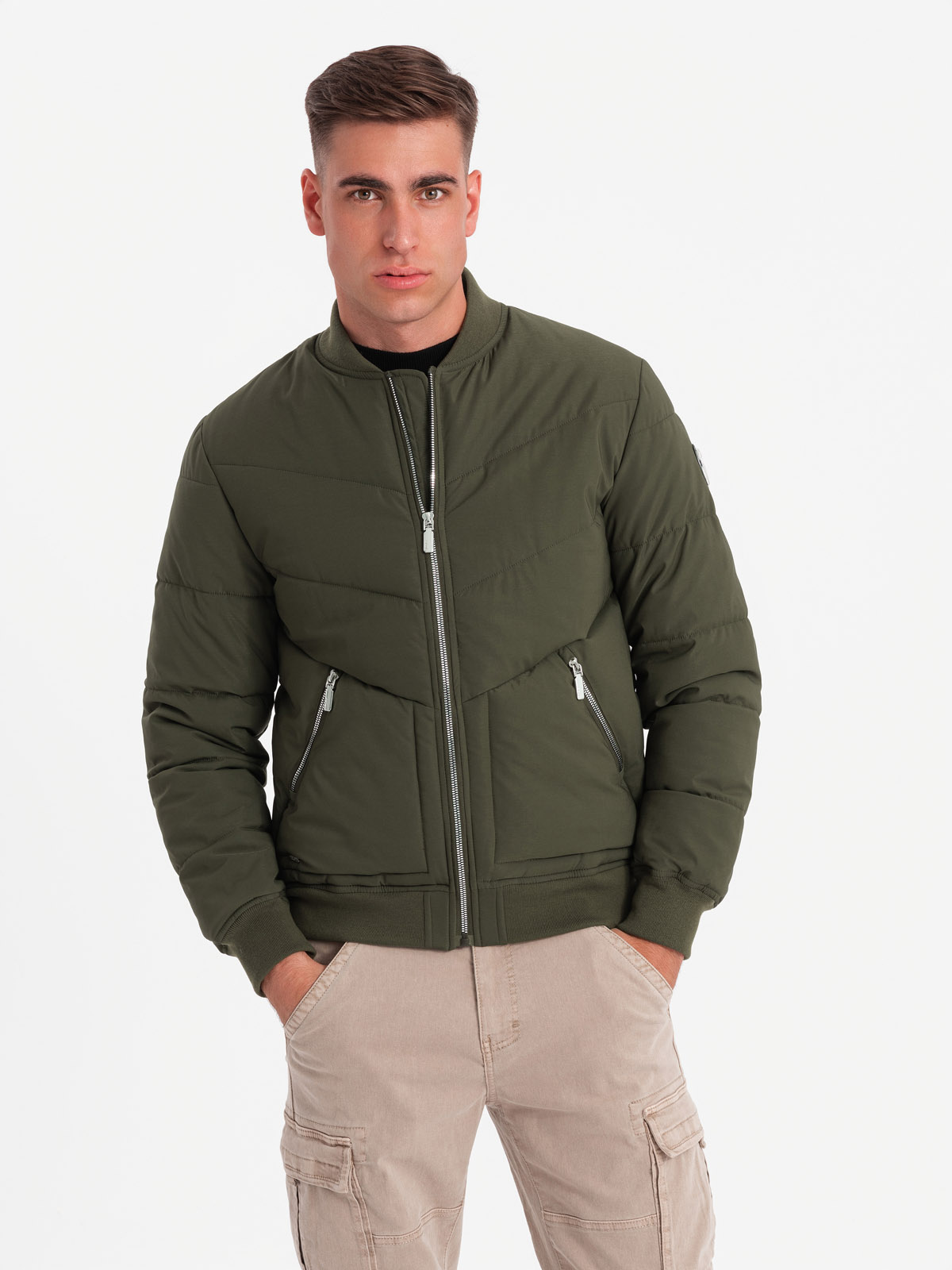 Men's quilted bomber jacket with metal zippers - dark olive green V3  OM-JALP-0143