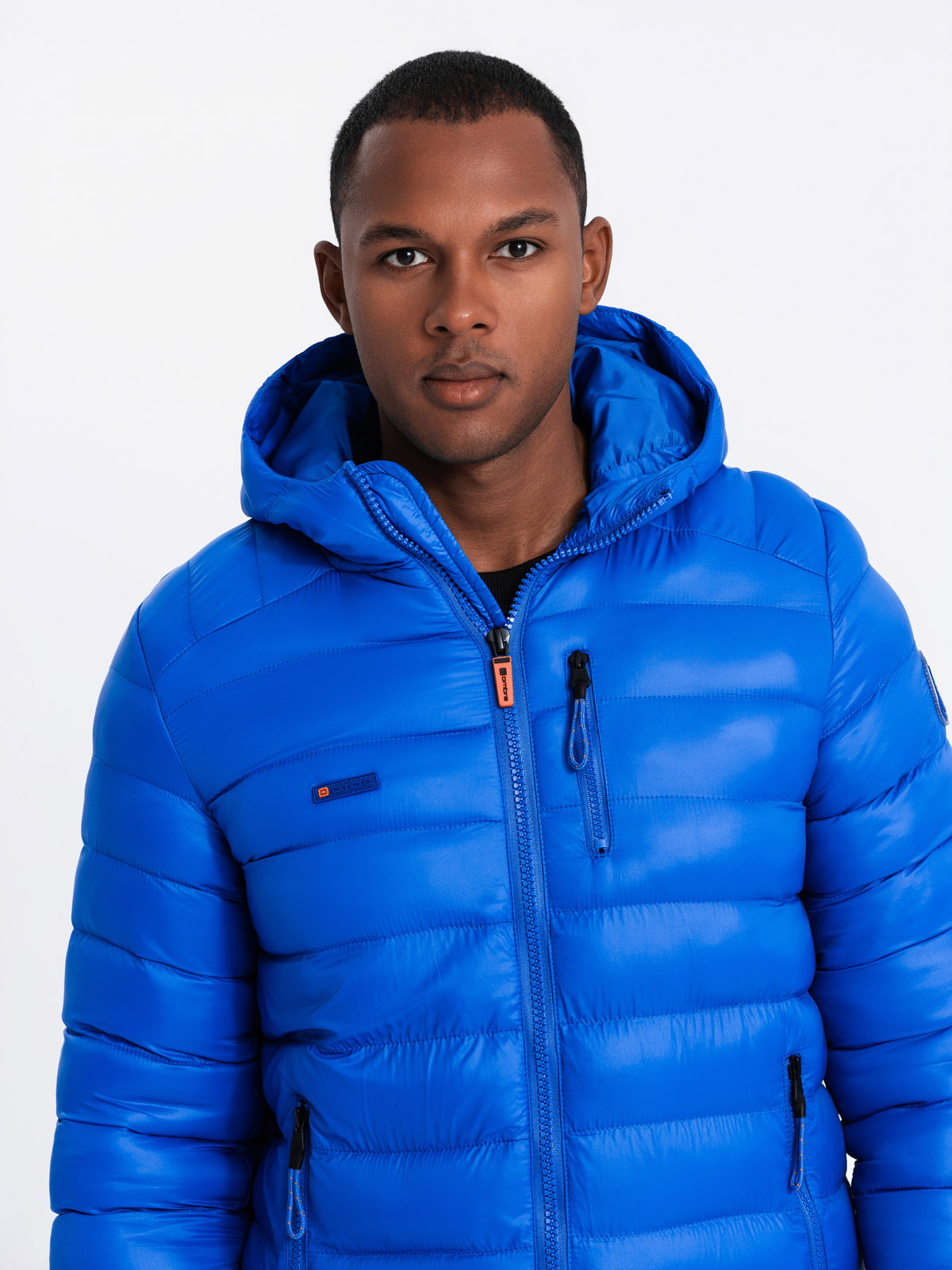 Men's quilted jacket with hood blue V1 C549 Men's