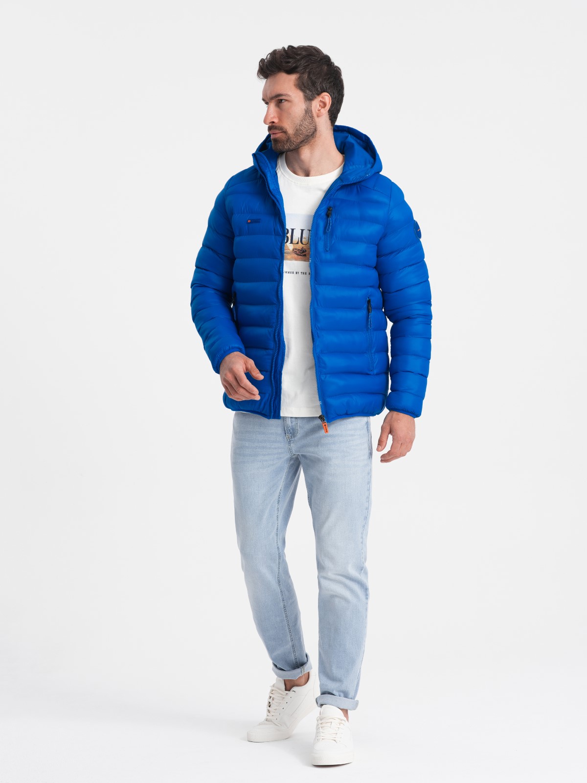 Men's quilted jacket with hood blue V1 C549 Men's