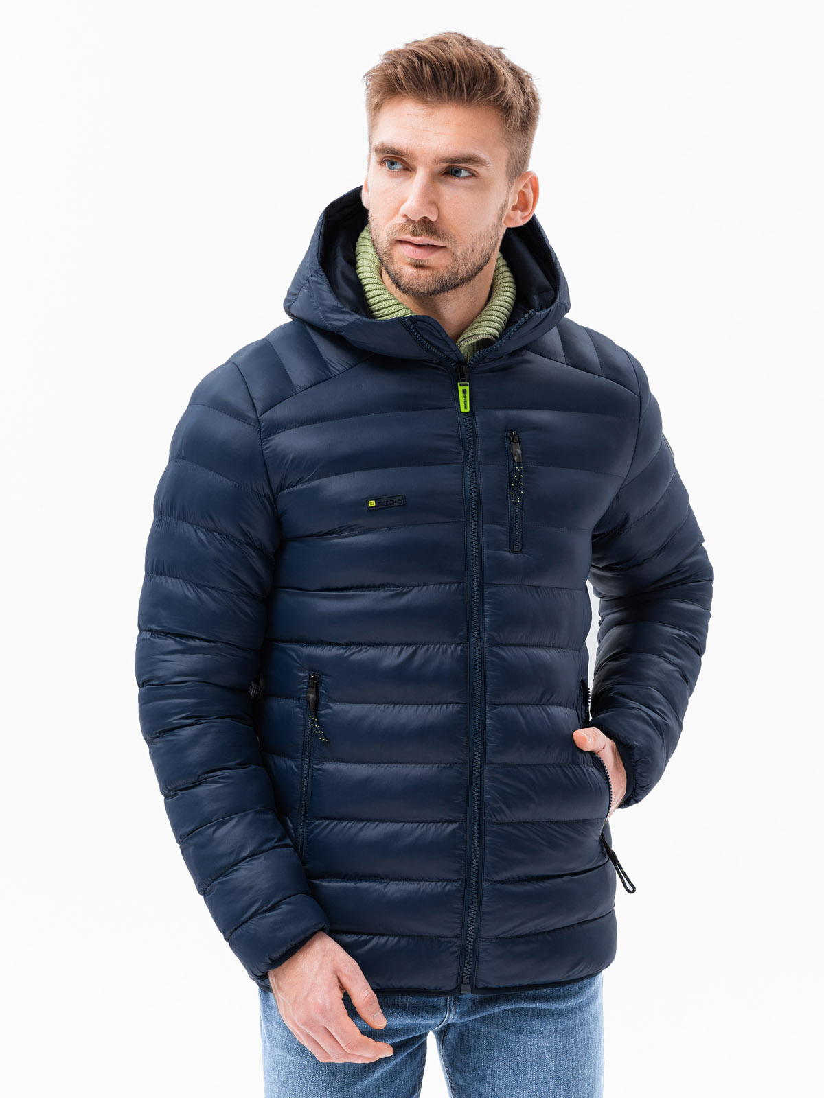 Men's quilted jacket with hood navy blue V3 C549 Men's