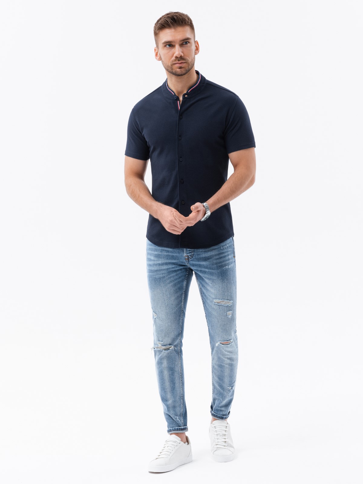 Men's short sleeve knit shirt - navy blue V2 K543 | Ombre.com - Men's ...