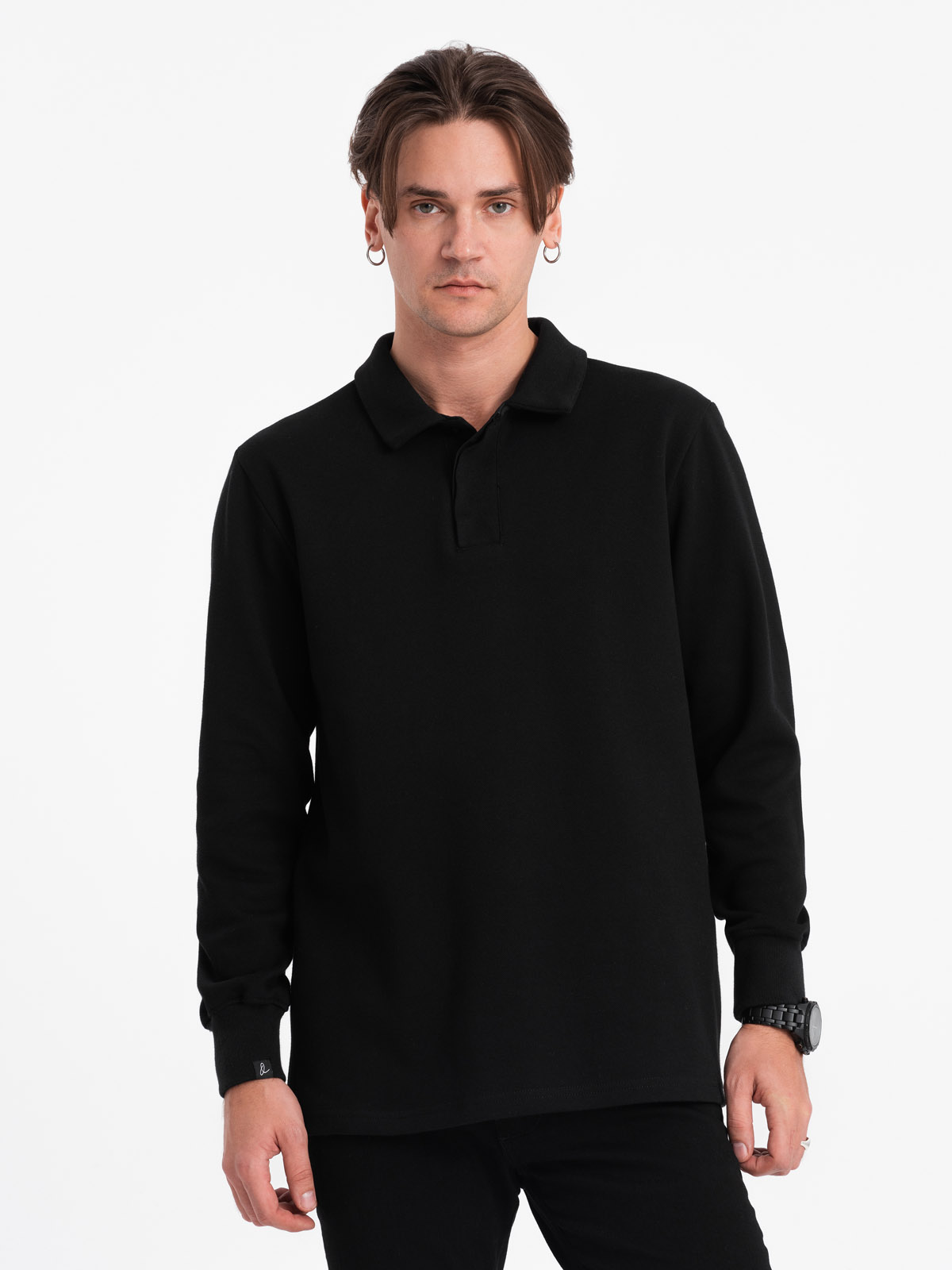 Men's structured knit polo collar sweatshirt - black V8 OM-SSNZ