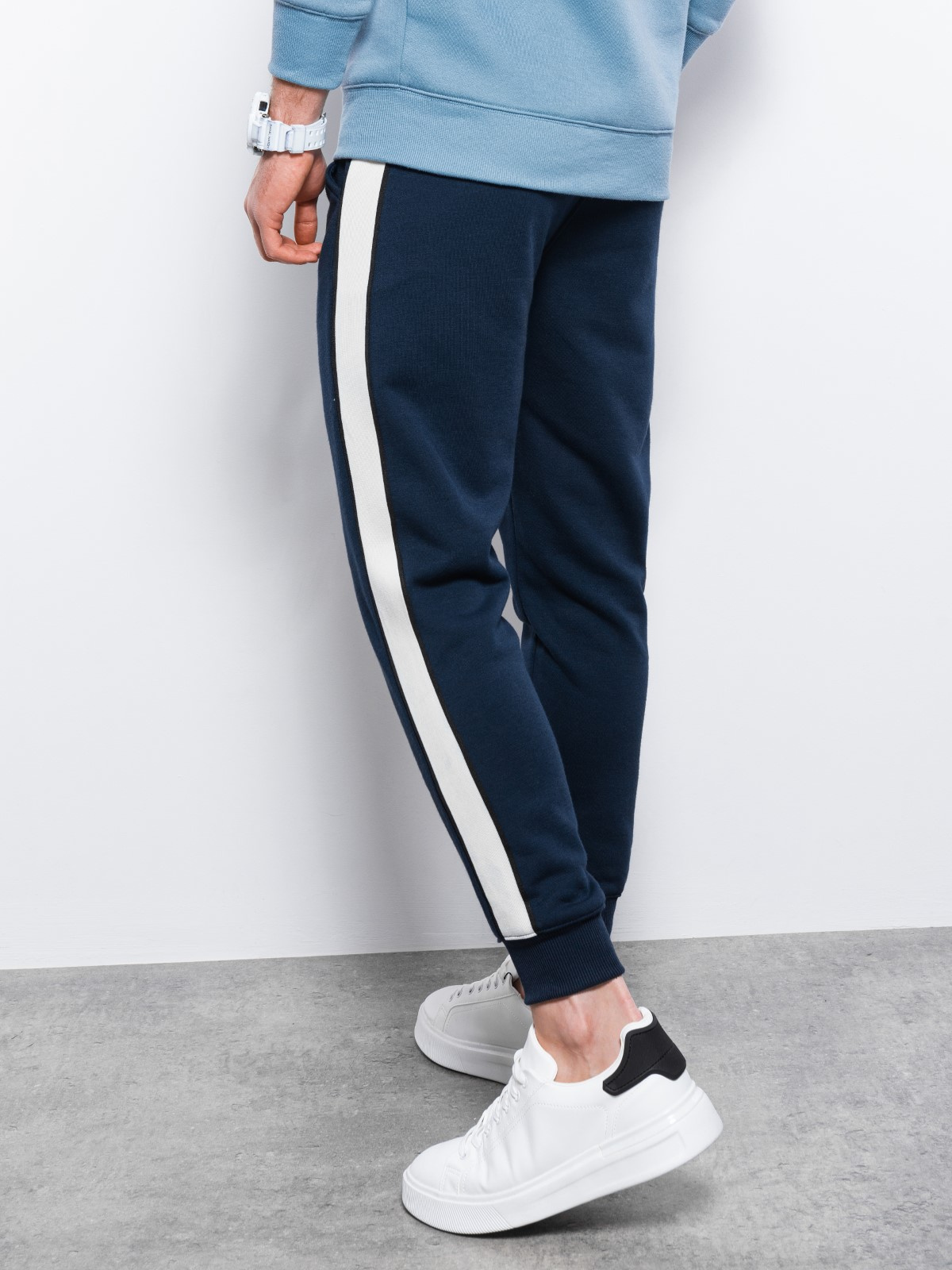 Navy joggers with white stripe hot sale