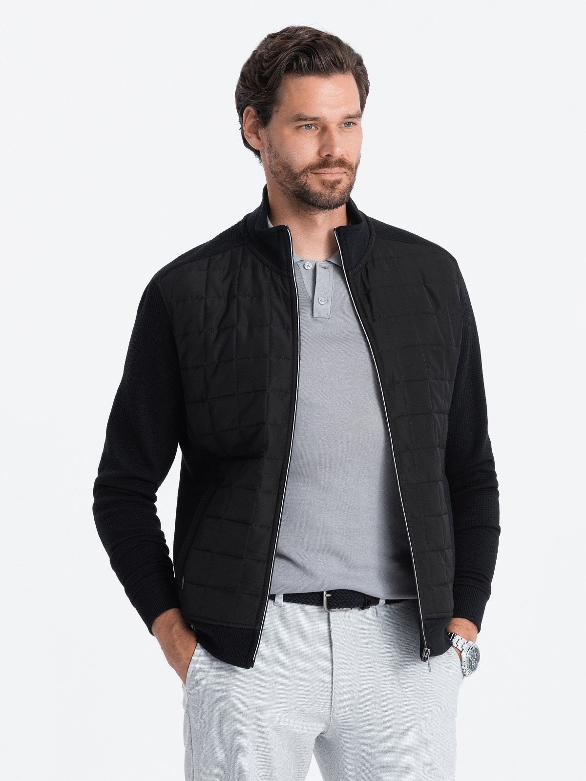 Men's unbuttoned jacket with quilted front black V2 OMJANP0103