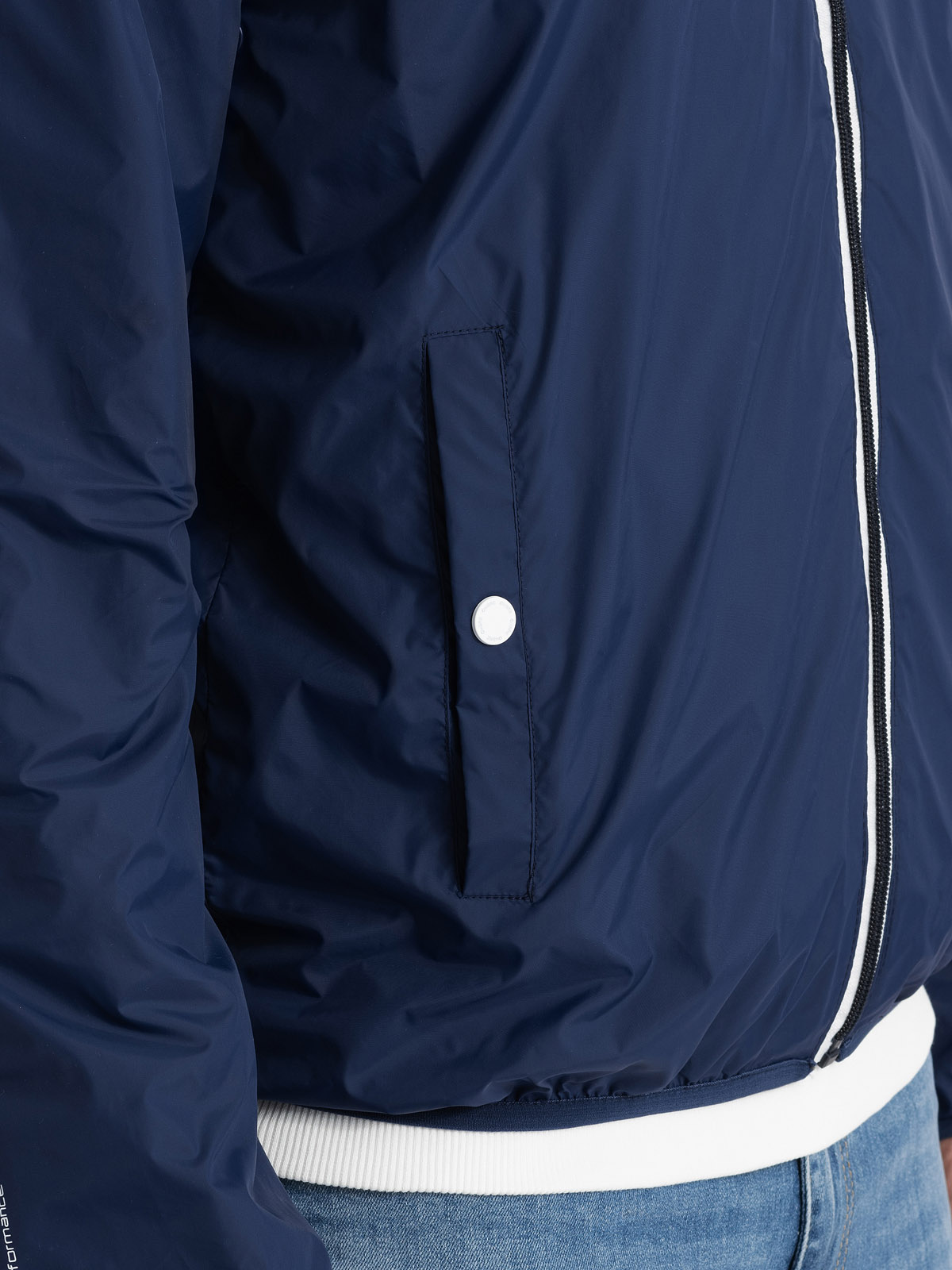 Men's windbreaker jacket with hood and contrasting details - navy blue V6  OM-JANP-0110