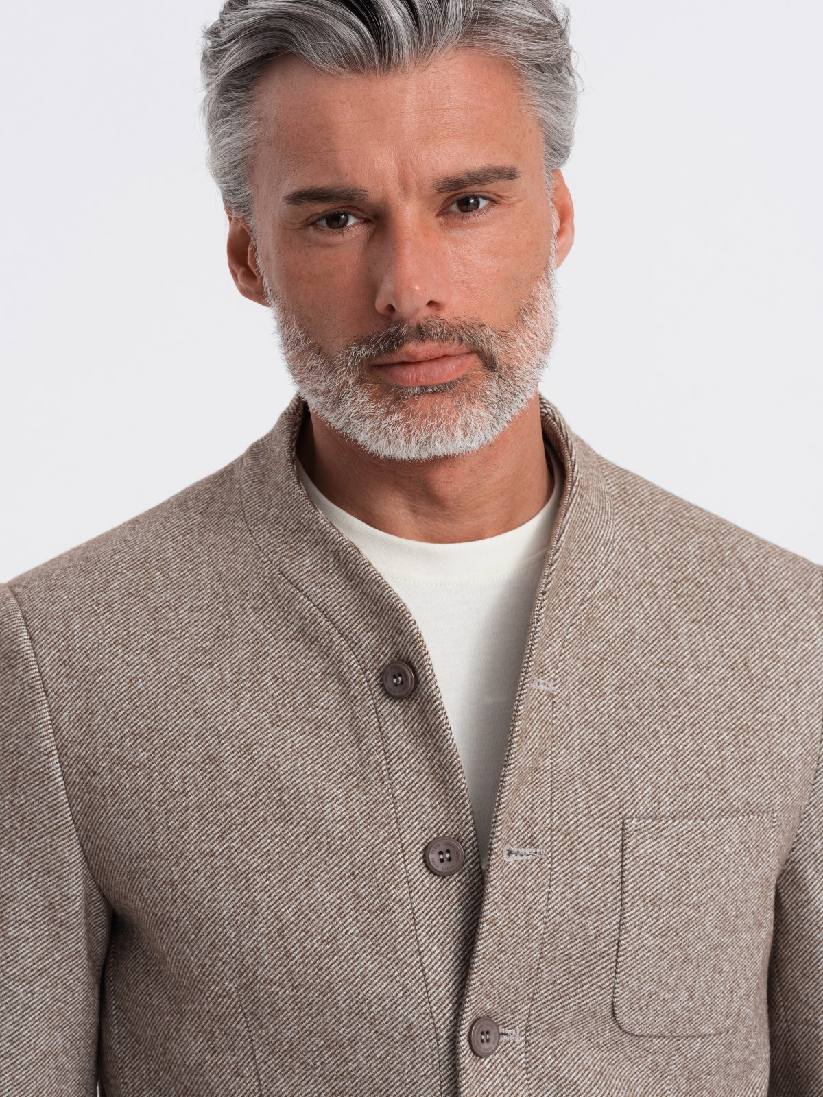 Stylish men's jacket without lapels light brown V2 OMBLZB0124