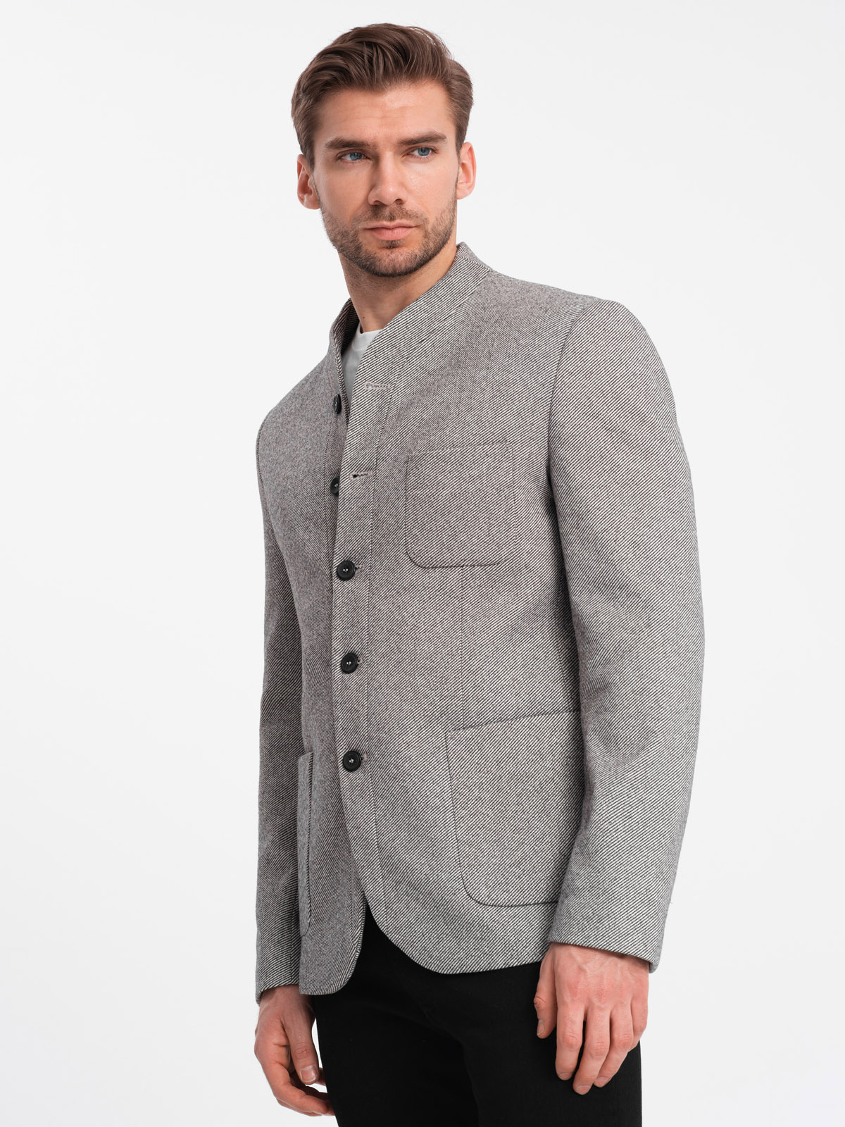 Stylish men's jacket without lapels light grey V1 OMBLZB0124