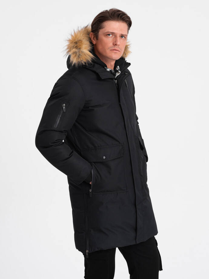 Alaskan men's winter jacket with detachable fur from the hood - black V2 OM-JALJ-0148