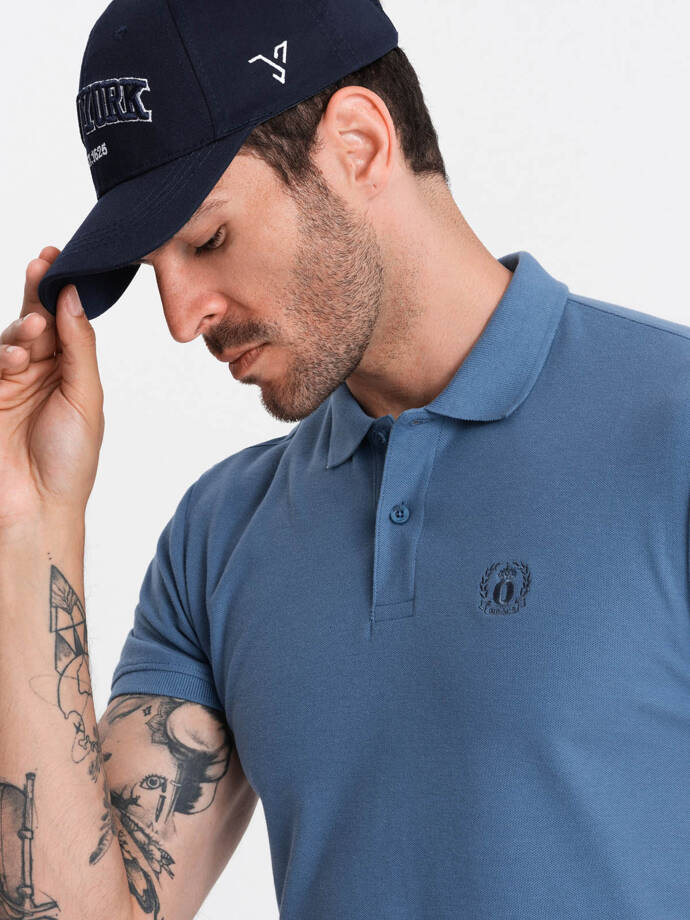 BASIC men's single color pique knit polo shirt - blue V16 OM-POBS-0100