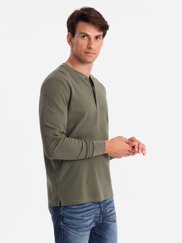 Button-up neck men's waffle knit longsleeve - olive V1 OM-LSCL-0120