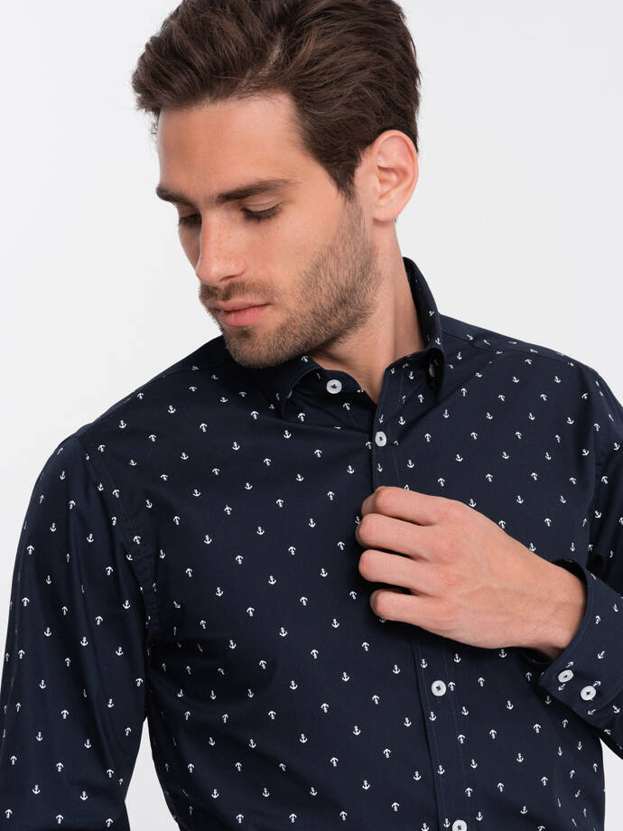 Classic men's cotton SLIM FIT shirt in anchors - navy blue V2 OM-SHCS-0156