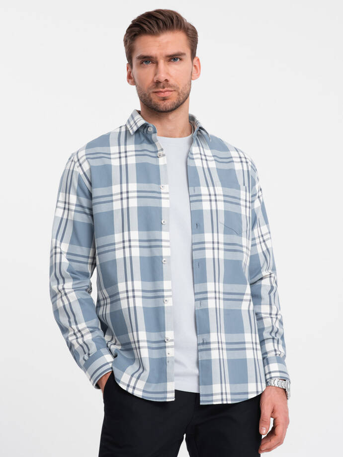 Classic men's flannel cotton plaid shirt - blue and cream V2 OM-SHCS-0157