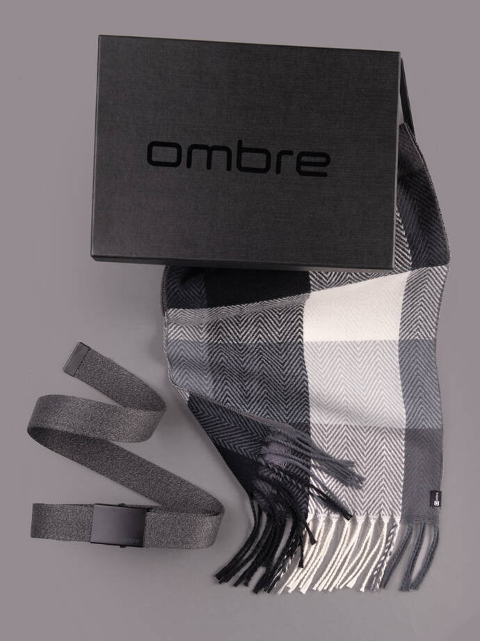 Gift set for him - structured graphite belt + graphite/white scarf Z66