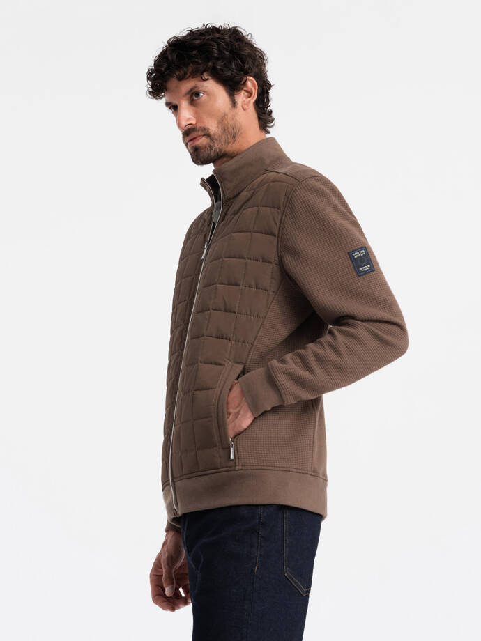 Lightweight unzipped men's jacket with quilted front - brown V3 OM-JANP-0193