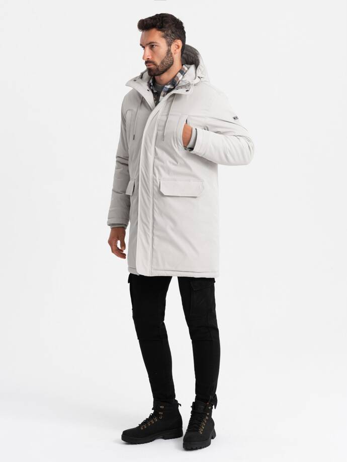 Long classic men's parka jacket - cream V1 OM-JALJ-0166