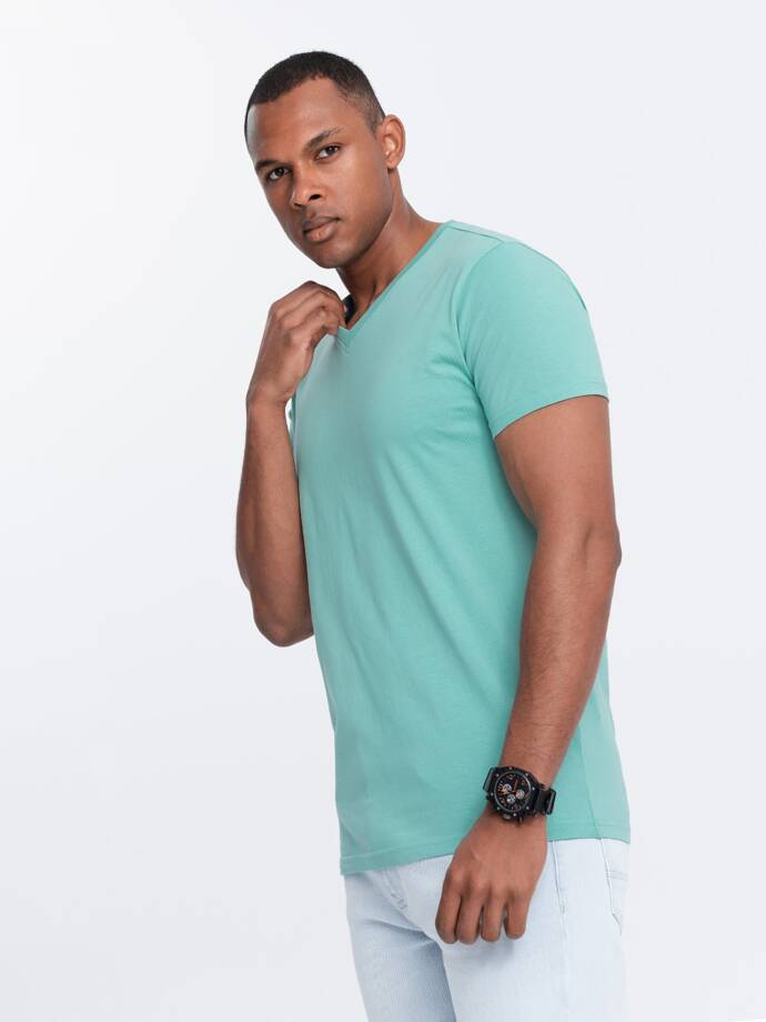 Men's BASIC classic cotton T-shirt with a v-neck - turquoise V15 OM-TSBS-0145