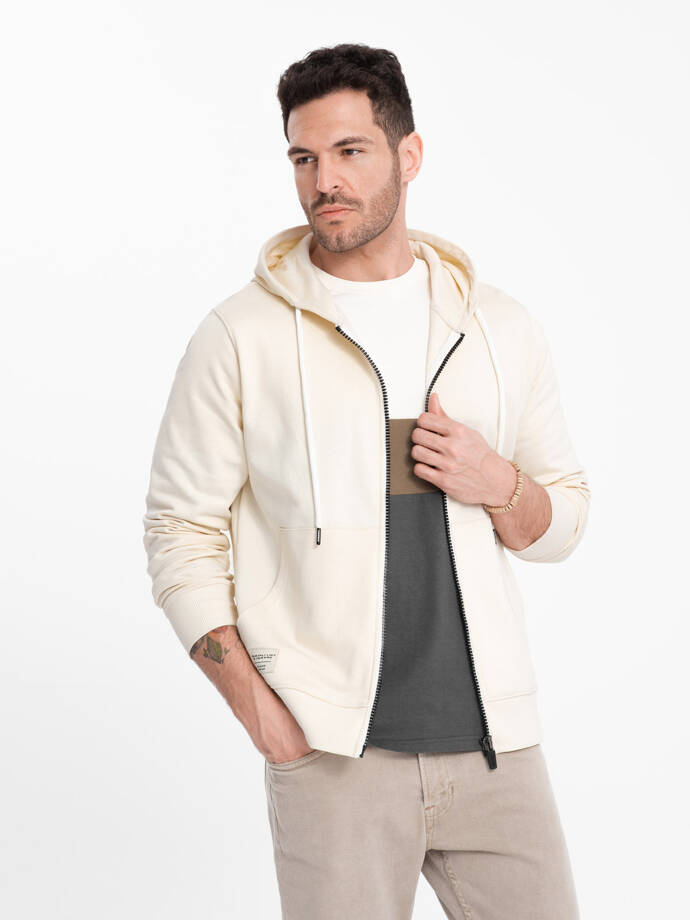 Men's BASIC unbuttoned hooded sweatshirt - cream V11 OM-SSBZ-0178