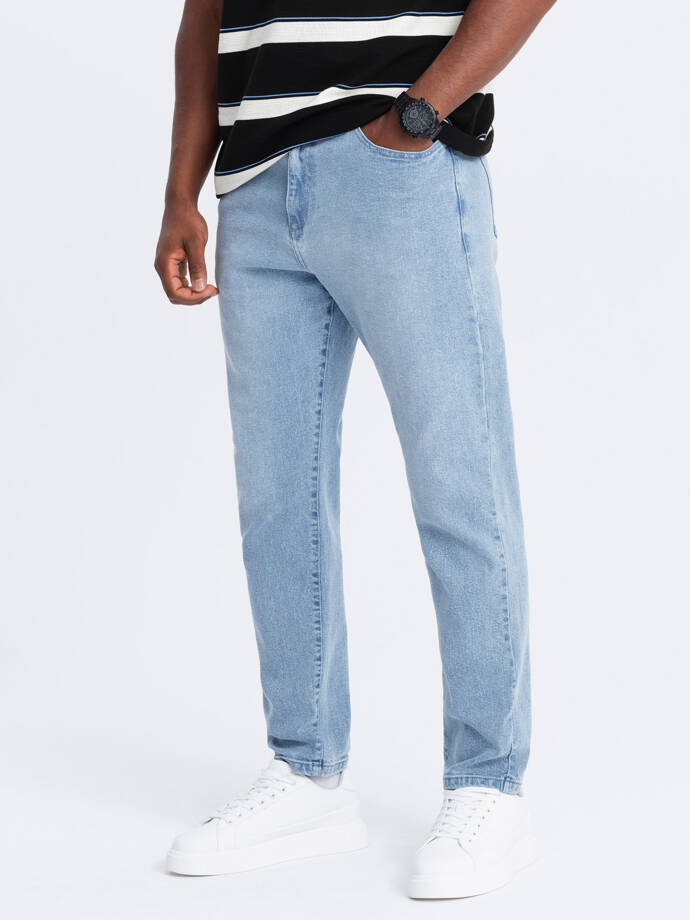 Men's CARROT FIT denim pants with subtle rubbing - light blue V2 OM-PADP-0162